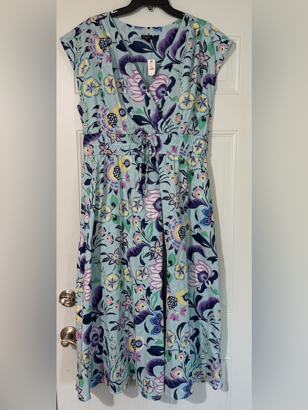 Talbots Women's 14 Voile Midi Dress Jacobean Floral Blue Cotton Lined Vacation